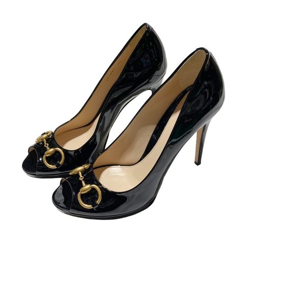 𝅺GUCCI Patent Leather Malaga Kid Horsebit Peep Toe Pumps Black - Picture 2 of 9